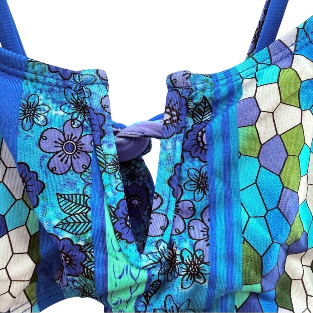 NWT Lucky Brand V-Neck Mixed Media Multi Print Cut Out One Piece Swimsuit Size L - Picture 4 of 13